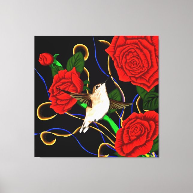 Impressão Em Tela Beija-flor e Rosas (Frente)