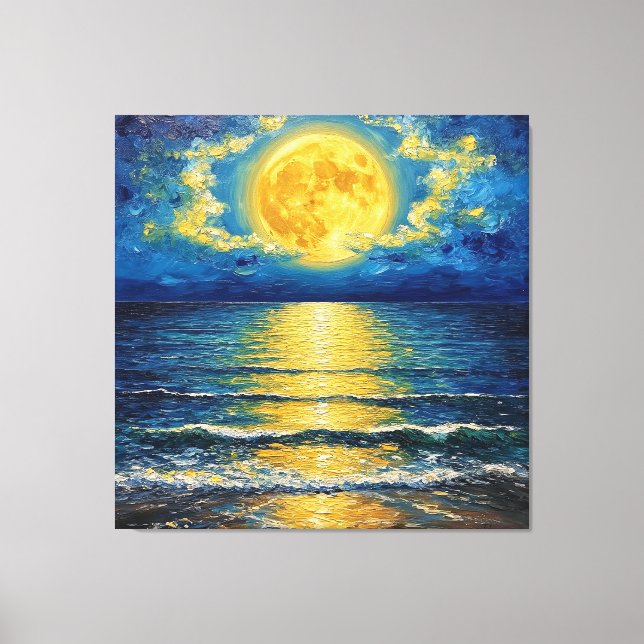 Impressão Em Tela Bela Lua Cheia Refletindo nas Ondas do Oceano (Frente)