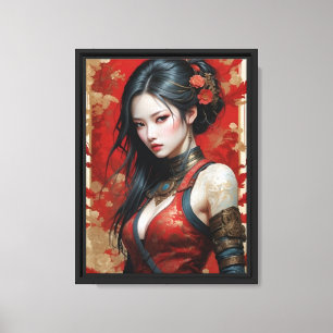 Impressão Em Tela Beleza Guerreira Oriental na Arte Vermelha