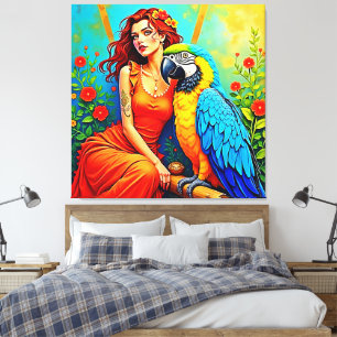Impressão Em Tela Beleza tropical e Design de papagaio azul