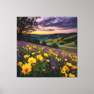 Impressão Em Tela Belíssimo Prado com Flores Vibrantes ao Nascer do