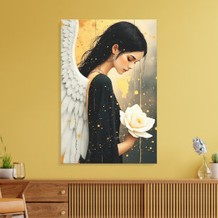 Impressão Em Tela Belo Anjo Gótico e Rosa Branca Celestial