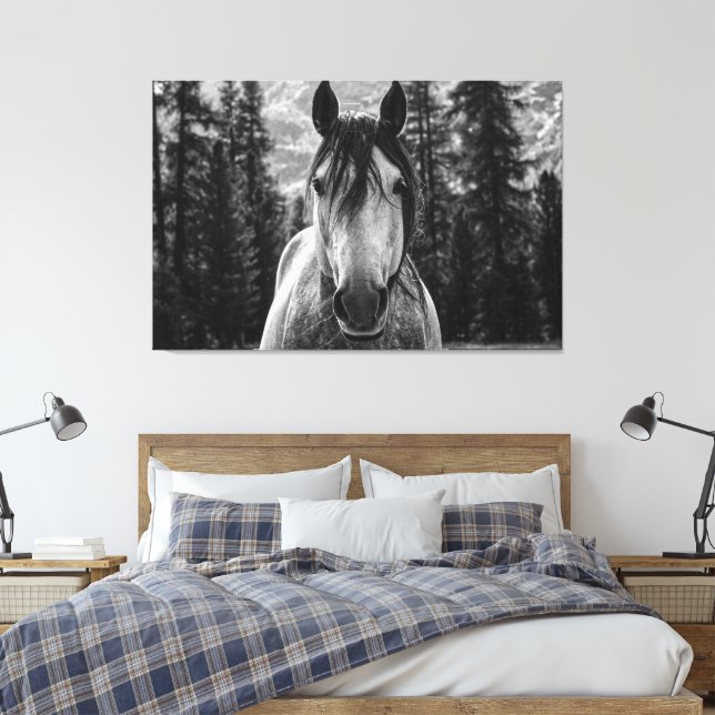 Impressão Em Tela Belo Cavalo Espiritado Preto e Branco (Insitu(Quarto))