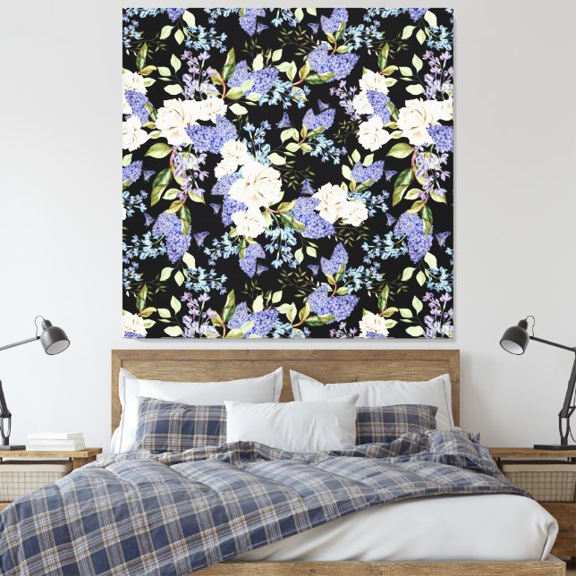 Impressão Em Tela Belo Padrão Floral Rosas Iris Azul Rosa (Insitu(Quarto))