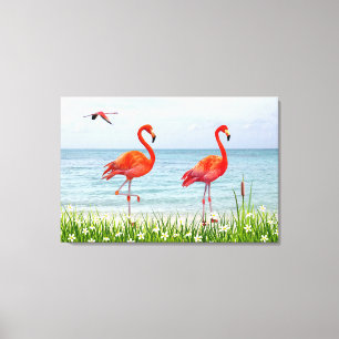 Impressão Em Tela Belos Flamingos Vermelhos perto de Tela de Flores