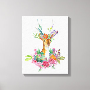 Impressão Em Tela Berçário de Bebê Veado Floral Pintado à Aquarela