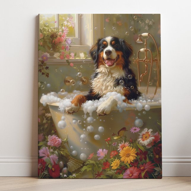 Impressão Em Tela Bernese Mountain Dog Art | Bernês Na Bathtub (Criador carregado)