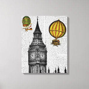 Impressão Em Tela Big Ben e Vintage Hot Air Balloons