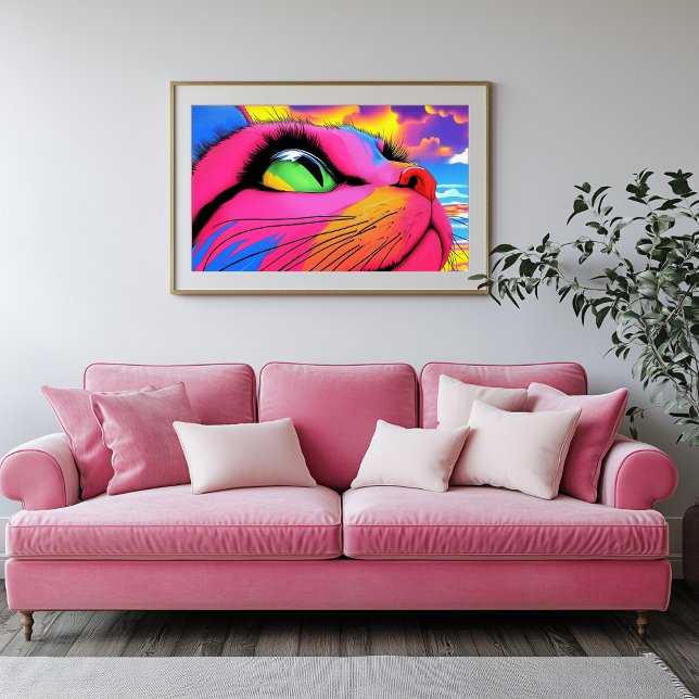 Impressão Em Tela Bigodes Celestiais: O Sonho de um Gato (Ginormous Cat Looking Up - Psychedelic Art)