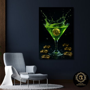 Impressão Em Tela Bitcoin Dourado Neon Verde Martini Emoldurado