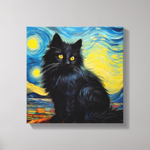 Impressão Em Tela "Black Cat Van Gogh Sky