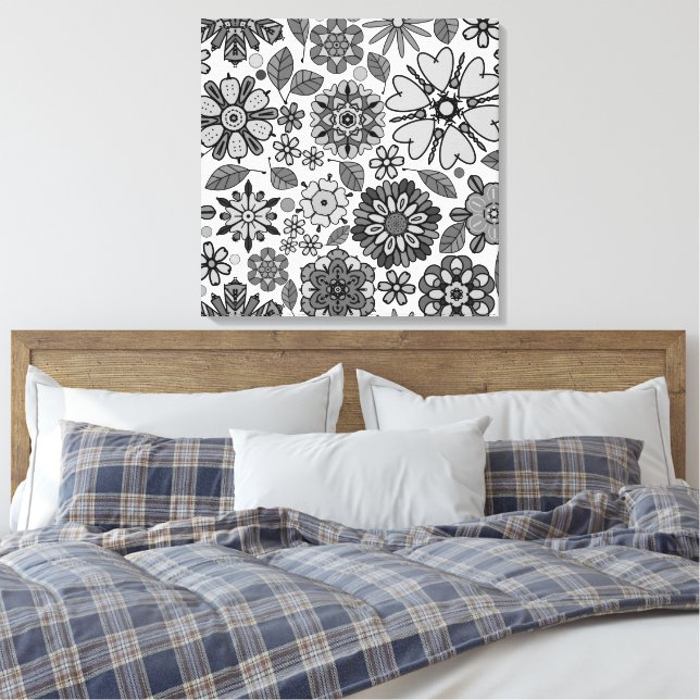Impressão Em Tela Black Gray White Retro Floral Art Seamless Pattern (Insitu(Quarto))