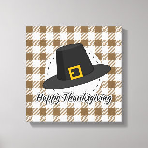 Impressão Em Tela Black Pilgrim Hat on Brown Plaid - Thanksgiving