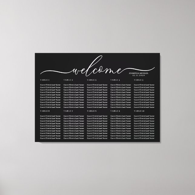 Impressão Em Tela Black Wedding Welcome Seating Table Numbers (Frente)