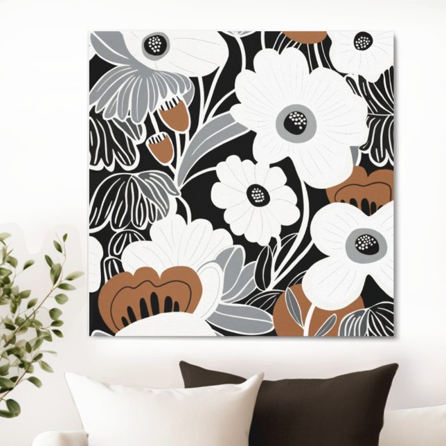 Impressão Em Tela Black White Boho Floral (Transform your space with the timeless beauty of floral Boho Mid Century Modern canvas. )