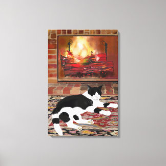 Impressão Em Tela Black White Cat Lying front of Fireplace 