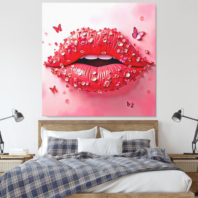 Impressão Em Tela Blooming Lips: Floral Butterfly Kiss (Insitu(Quarto))