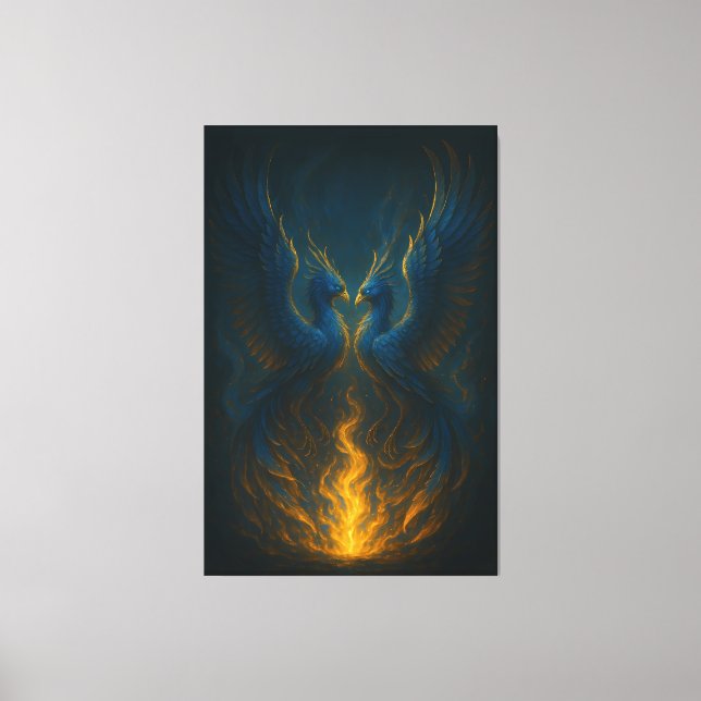 Impressão Em Tela Blue Flame Phoenix Twins – Fine Art Mythical Bird  (Frente)