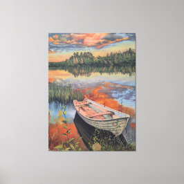 Impressão Em Tela Boat at Sunset: Realistic Lake Reflection wall Art