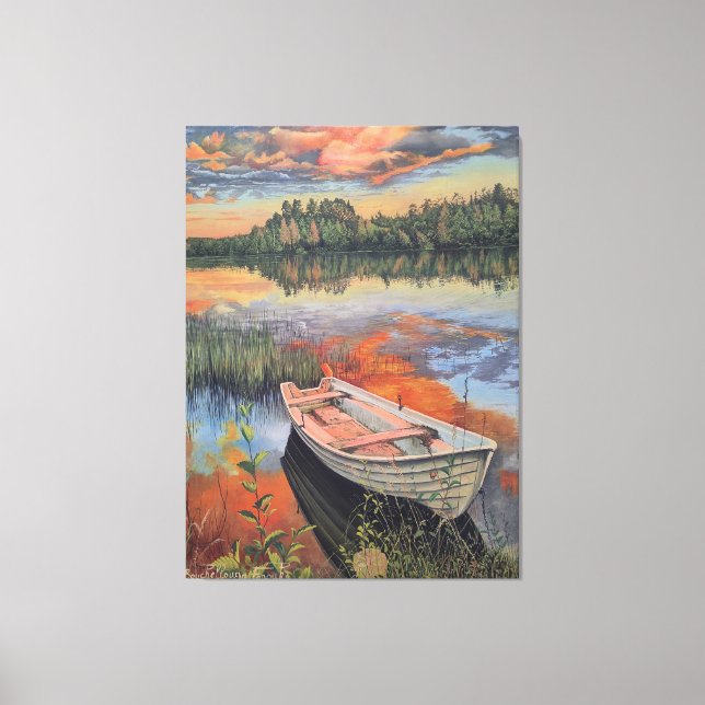 Impressão Em Tela Boat at Sunset: Realistic Lake Reflection wall Art (Frente)