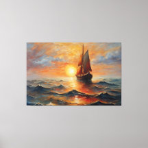 Boat on the high seas with sunset