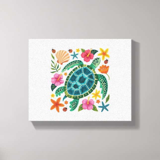 Impressão Em Tela Boho Floral Sea Turtle (Frente)