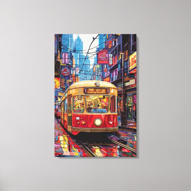 Impressão Em Tela Bonde da Cidade Pop Art com Reflexos de Neon (Frente)