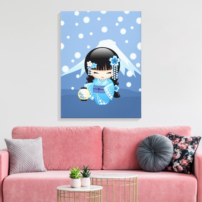 Impressão Em Tela Boneca de inverno Kokeshi - Garota Geisha Blue Mou (Insitu(Sala de estar))