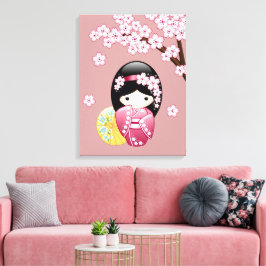 Impressão Em Tela Boneca Kokeshi da Primavera - Geisha Japonesa Fofa