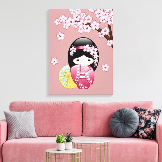 Impressão Em Tela Boneca Kokeshi da Primavera - Geisha Japonesa Fofa (Insitu(Sala de estar))