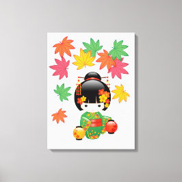 Impressão Em Tela Boneca Kokeshi de Outono - Garota Geisha com Quimo