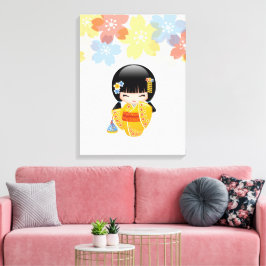 Impressão Em Tela Boneca Kokeshi de Verão - Garota Geisha com Quimon