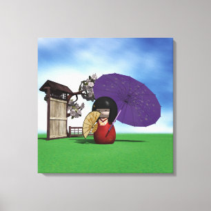 Impressão Em Tela Boneca Kokeshi Japonesa Arte de Flor de Cerejeira