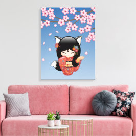 Impressão Em Tela Boneca Kokeshi Kitsune - Garota Geisha Raposa Pret