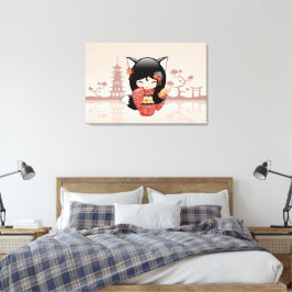 Impressão Em Tela Boneca Kokeshi Kitsune - Garota Raposa Preta Fofa