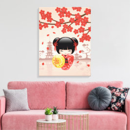 Impressão Em Tela Boneca Kokeshi Sakura Vermelha - Geisha Japonesa