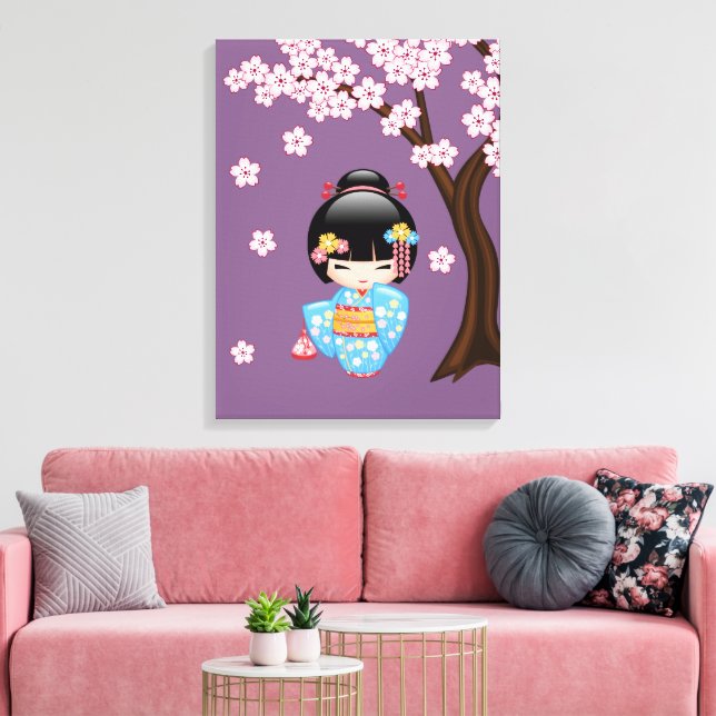 Impressão Em Tela Boneca Maiko Kokeshi - Rapariga Kimono Geisha Azul (Insitu(Sala de estar))
