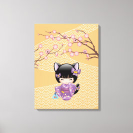 Impressão Em Tela Boneca Neko Kokeshi - Garota Geisha com Orelhas de