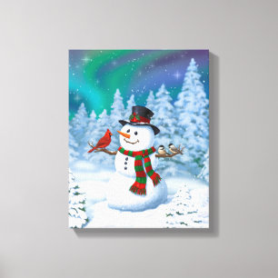 Impressão Em Tela Boneco de Neve Feliz Natal & Pássaros Cena de Inve