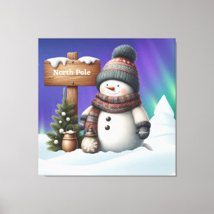 Impressão Em Tela Bonito boneco de neve no Polo Norte com luzes de n