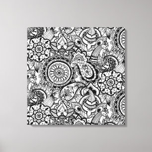 Impressão Em Tela Bonito floral paisley preto branco