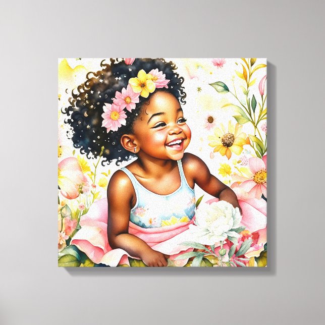 Impressão Em Tela Bonito Menina em Flores Rosa, Aquarela Arte (Frente)