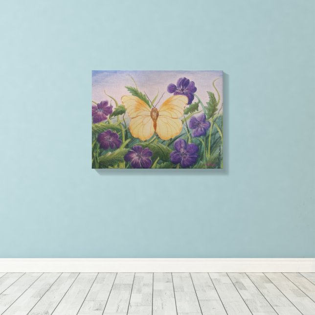 Impressão Em Tela Borboleta Amarela Com Flores (Insitu(piso de madeira))