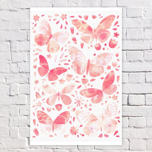 Impressão Em Tela Borboleta Aquarela Pêssego Coral Rosa (Coral peach pink and white watercolor butterfly faux canvas print)