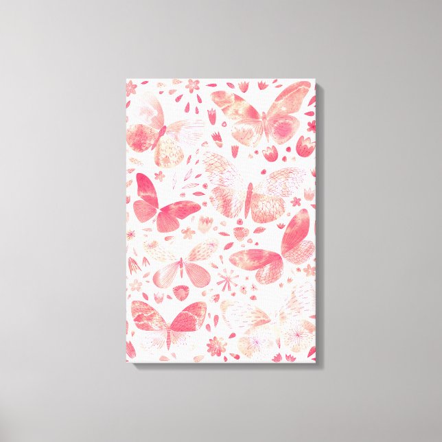 Impressão Em Tela Borboleta Aquarela Rosa Coral Pêssego (Frente)