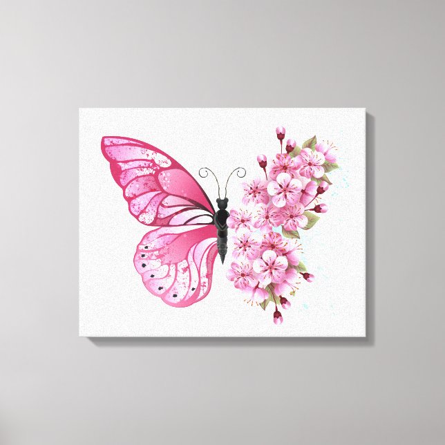 Impressão Em Tela Borboleta Flor com Sakura Rosa (Frente)