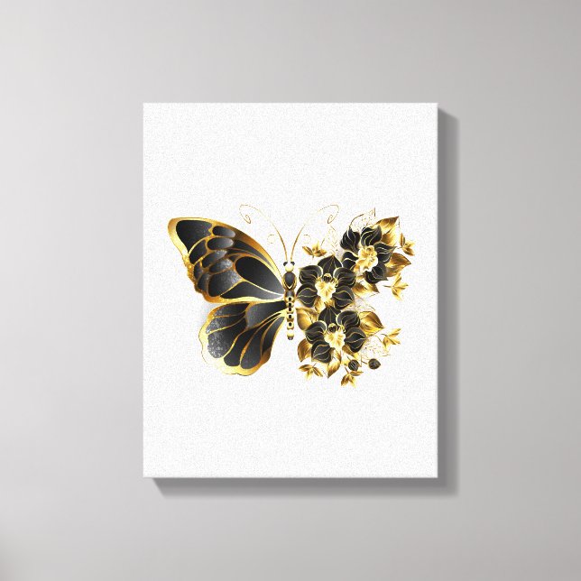 Impressão Em Tela Borboleta Flor Dourada com Orquídea Preta (Frente)