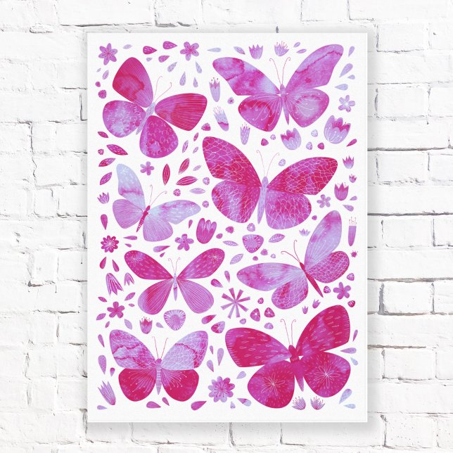 Impressão Em Tela Borboletas Aquarela Tela Magenta Rosa (Magenta pink butterfly watercolor art canvas print)
