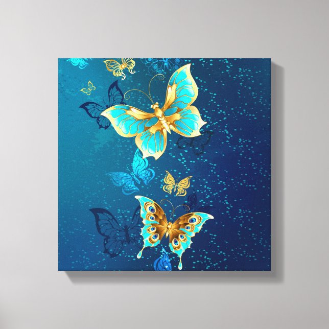 Impressão Em Tela Borboletas de ouro em um fundo azul (Frente)