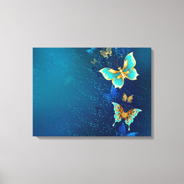 Impressão Em Tela Borboletas de ouro em um fundo azul (Frente)